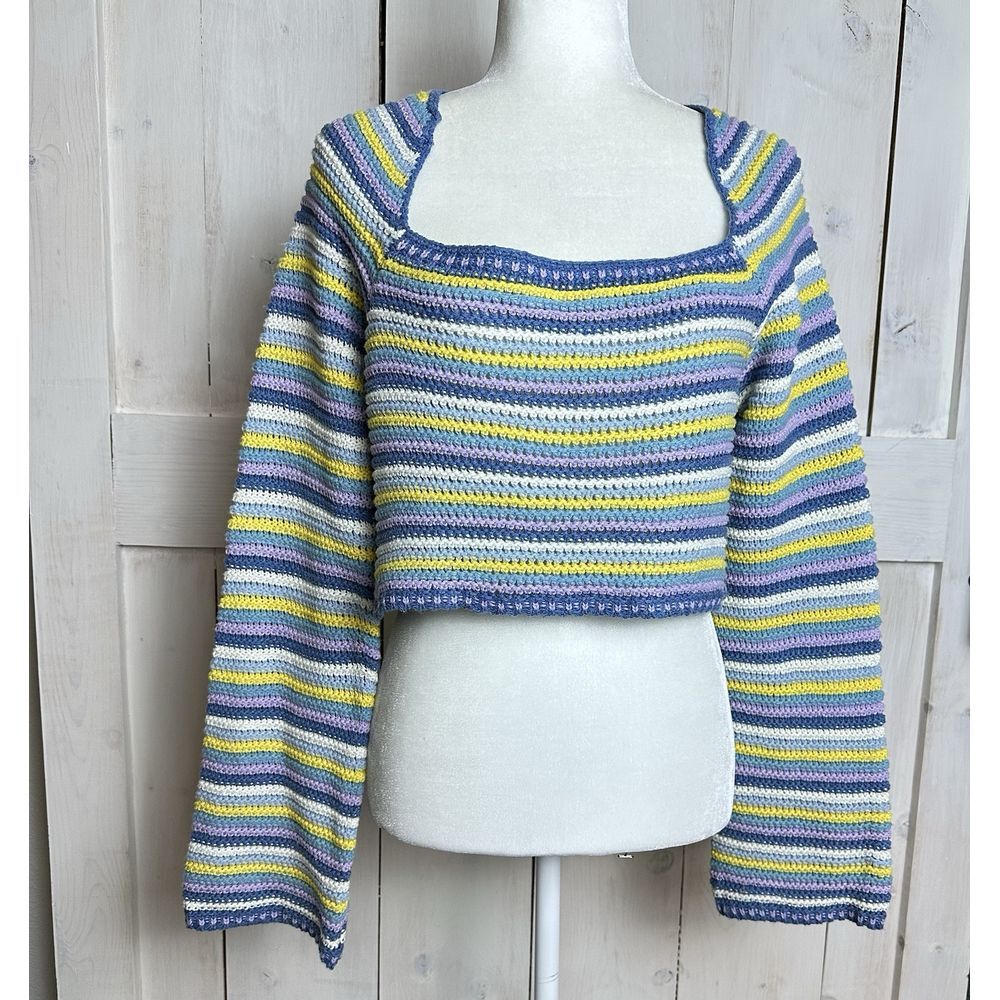 Altar'd State Layla Crochet Cropped Striped Sweater Size Large NWOT Boho Spring